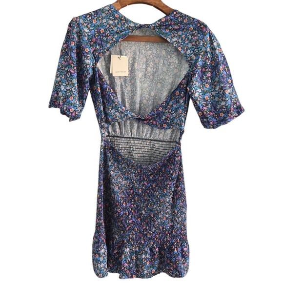 Sandro Pinelle Smocked Floral Mini Dress Blue Violet 40 UK or 8 US - Picture 4 of 10